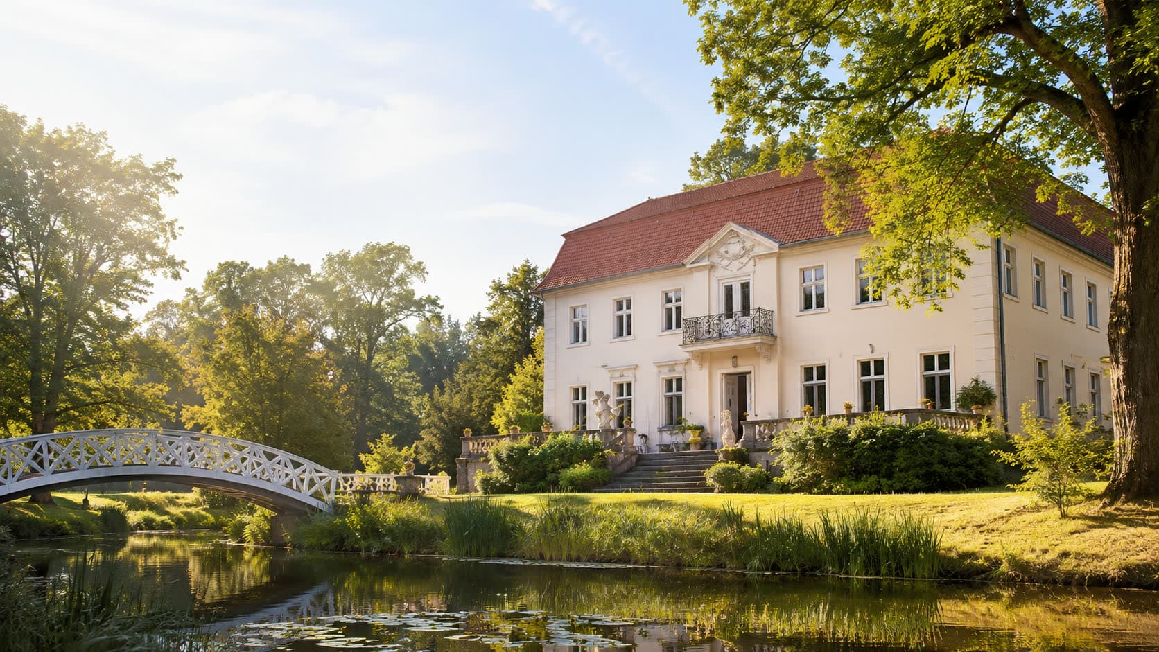 Schloss Blankensee mit Park, Teich und Bogenbrücke